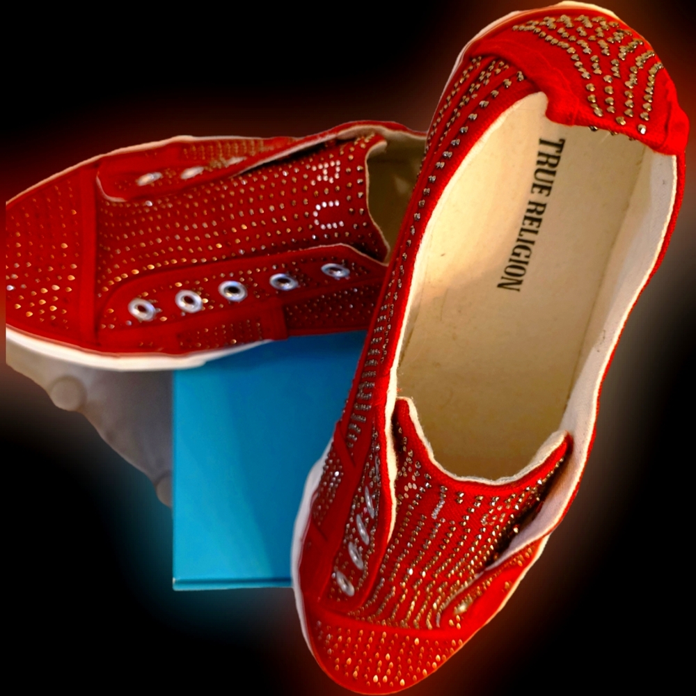 True Religion Red Glossy Sneakers with Lattice Design